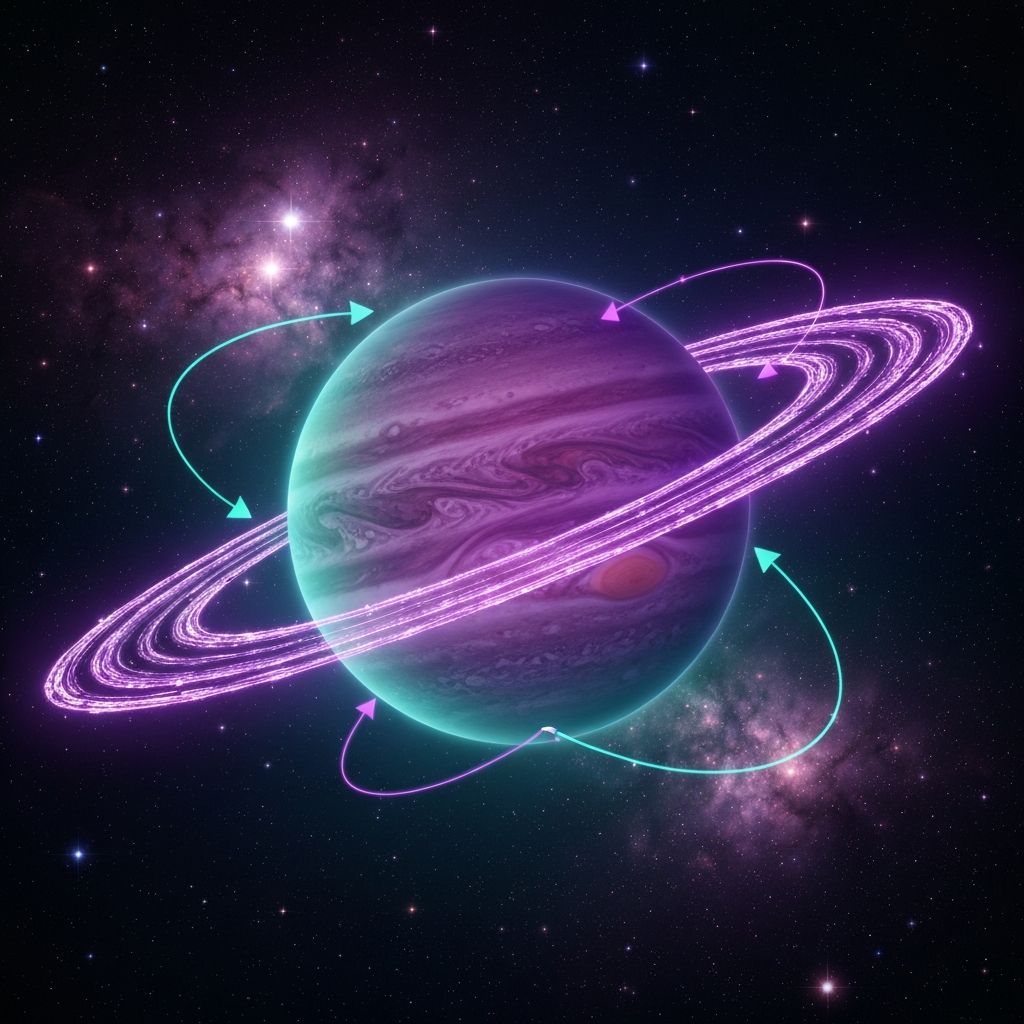 Planet Jupiter rendered in Solana colors with liquidity rings